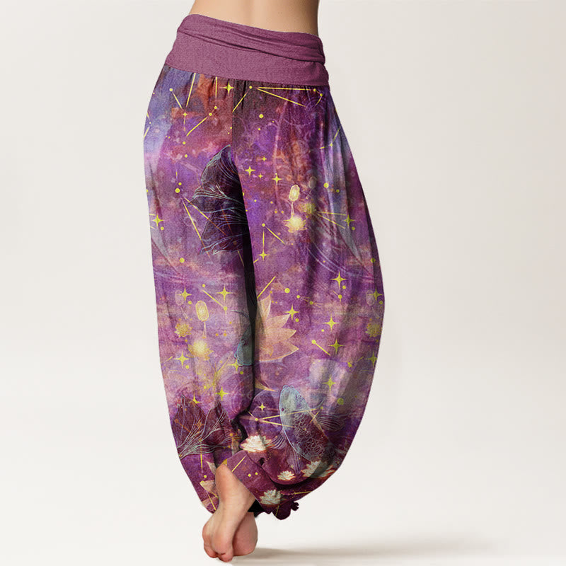 Buddha Stones Cotton Koi Fish Lotus Moon Stars Pattern Women's Elastic Waist Harem Pants - image 6