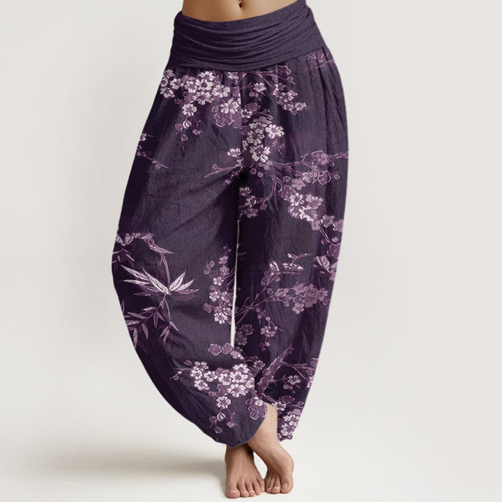 Buddha Stones Cotton White Sakura Flower Pattern Women's Elastic Waist Harem Pants - Purple - US22，UK/AU26，EU54 (6XL) - image 4