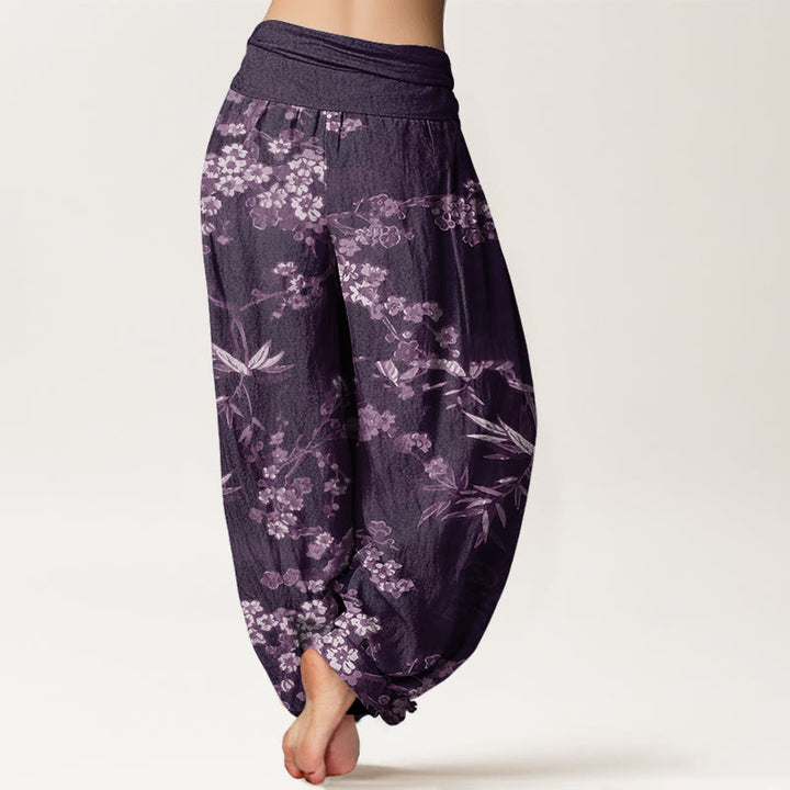 Buddha Stones White Sakura Flower Pattern Women's Elastic Waist Harem Pants - image 6