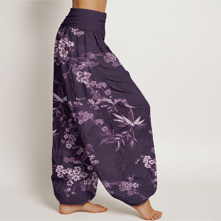 Buddha Stones White Sakura Flower Pattern Women's Elastic Waist Harem Pants - image 5