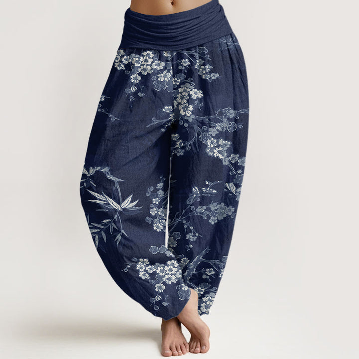 Buddha Stones Cotton White Sakura Flower Pattern Women's Elastic Waist Harem Pants - MidnightBlue - US22，UK/AU26，EU54 (6XL) - image 0
