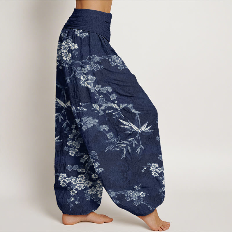 Buddha Stones Cotton White Sakura Flower Pattern Women's Elastic Waist Harem Pants - image 1