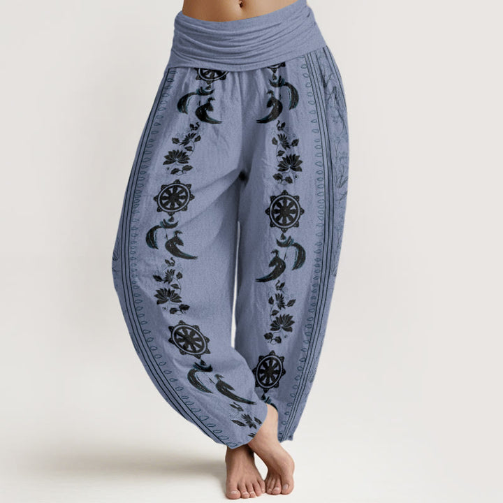 Buddha Stones Cotton Dharma Wheel Lotus OM Pattern Women's Elastic Waist Harem Pants - CornflowerBlue - US22，UK/AU26，EU54 (6XL) - image 0