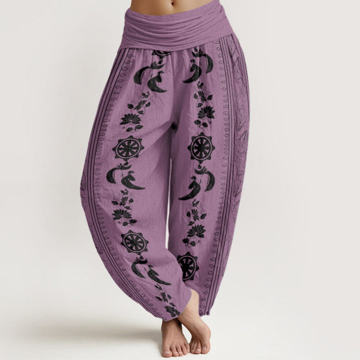 Buddha Stones Dharma Wheel Lotus OM Pattern Women's Elastic Waist Harem Pants