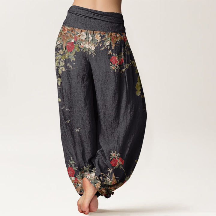 Buddha Stones Casual Red Peony Flower Vine Design Women's Elastic Waist Harem Pants