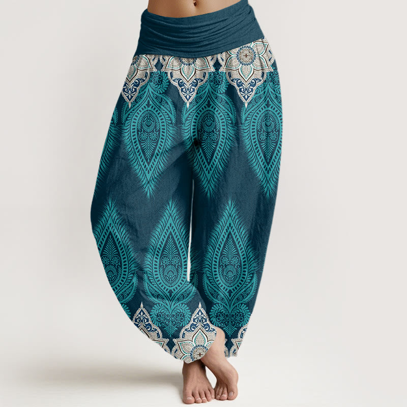 Buddha Stones Casual Feather Flower Design Women's Elastic Waist Harem Pants - DarkTurquoise - US22，UK/AU26，EU54 (6XL) - image 1