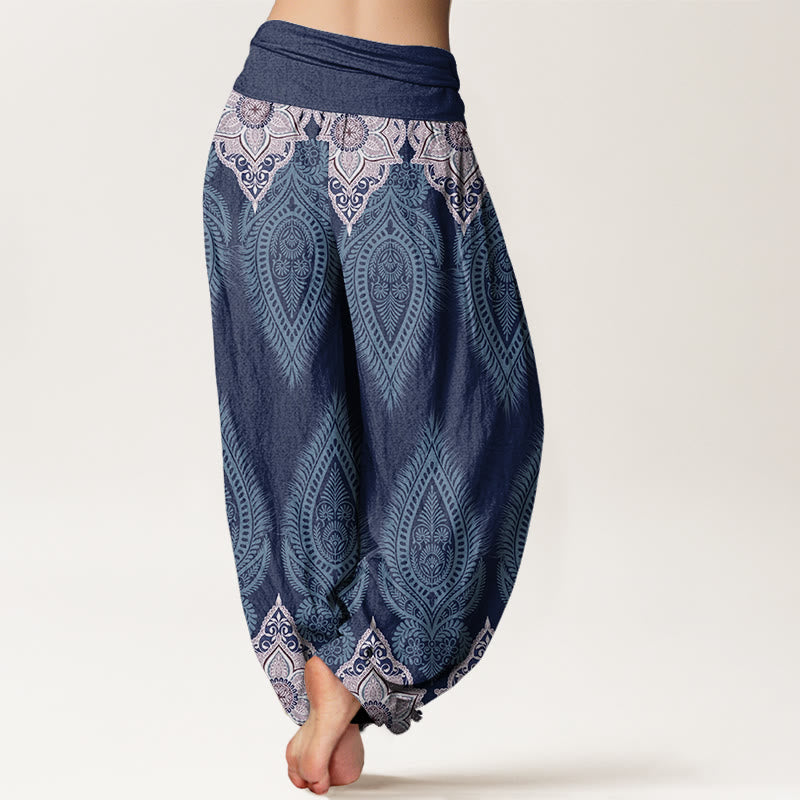 Buddha Stones Cotton Casual Feather Flower Design Women's Elastic Waist Harem Pants - image 9