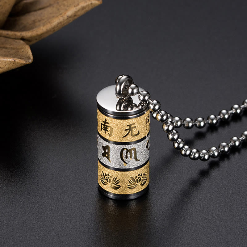 Buddha Stones Tibetan Om Mani Padme Hum Lotus Pattern Prayer Wheel Titanium Steel Peace Necklace Pendant