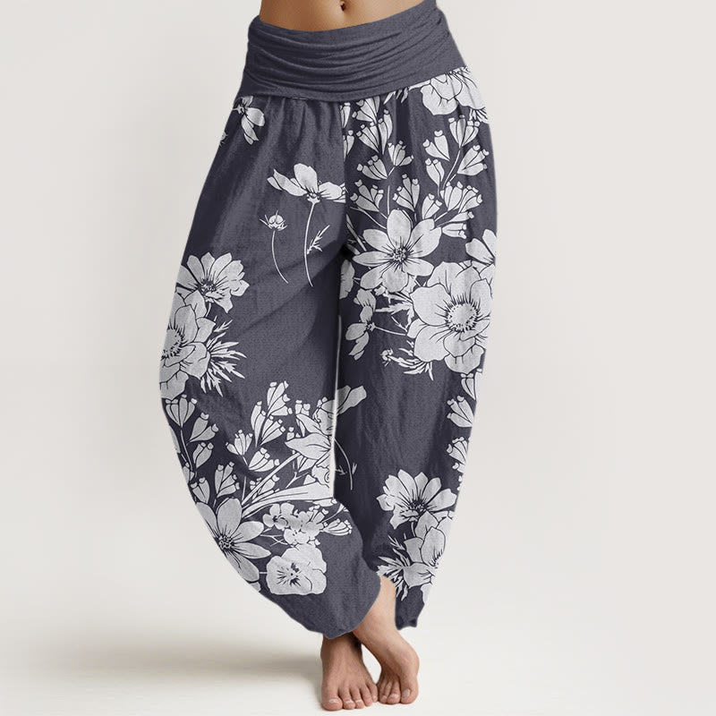 Buddha Stones Casual Peony Flowers Leaves Women's Elastic Waist Harem Pants - SlateGray - US22，UK/AU26，EU54 (6XL) - image 0