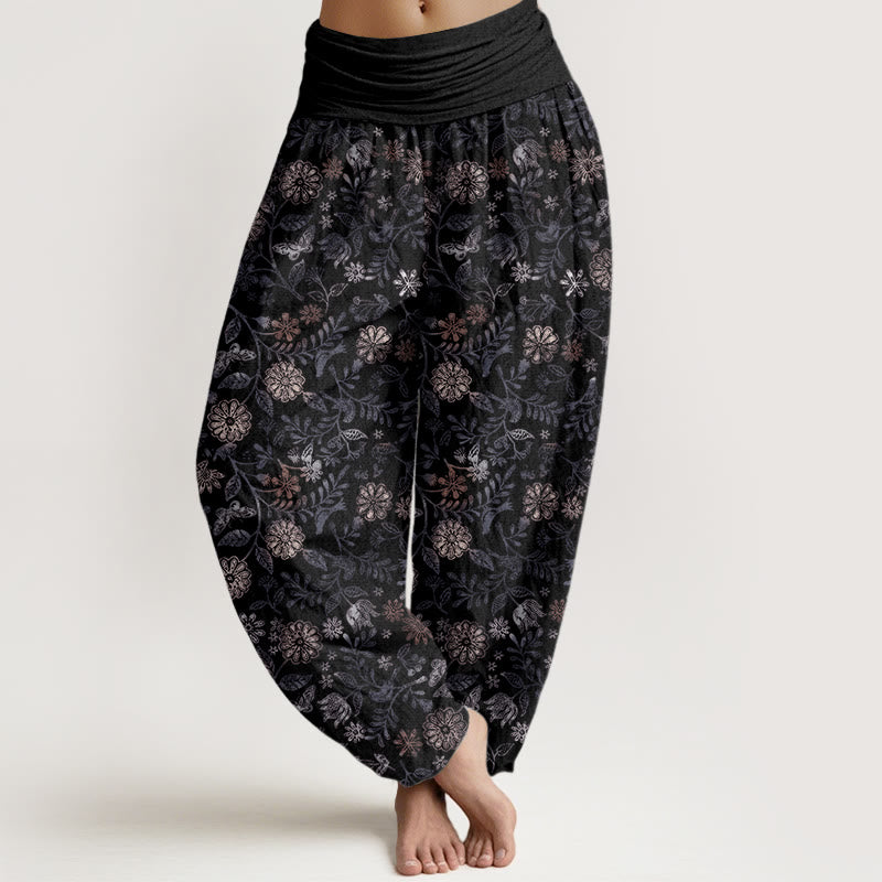 Buddha Stones Casual New York Aster Flowers Leaves Design Women's Elastic Waist Harem Pants