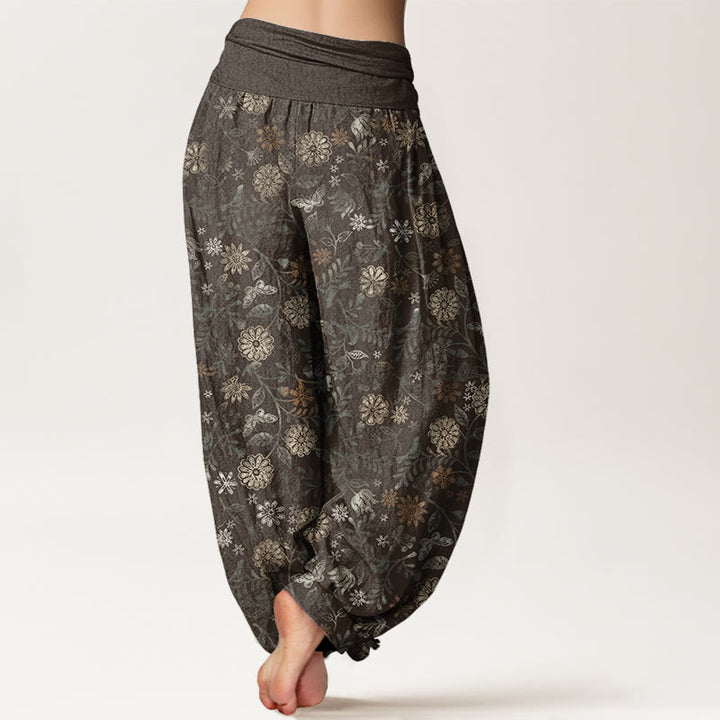 Buddha Stones Casual New York Aster Flowers Leaves Design Women's Elastic Waist Harem Pants