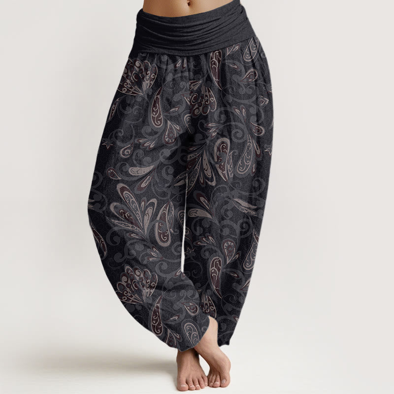 Buddha Stones Cotton Casual Flower Petals Design Women's Elastic Waist Harem Pants - Black - US22，UK/AU26，EU54 (6XL) - image 0
