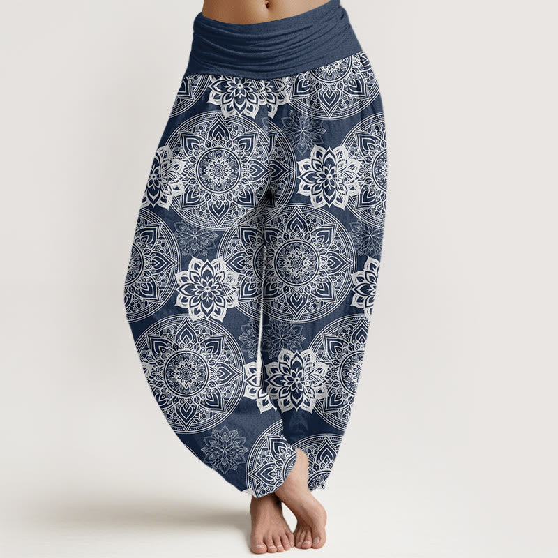 Buddha Stones Casual Round Mandala Flower Design Women's Elastic Waist Harem Pants