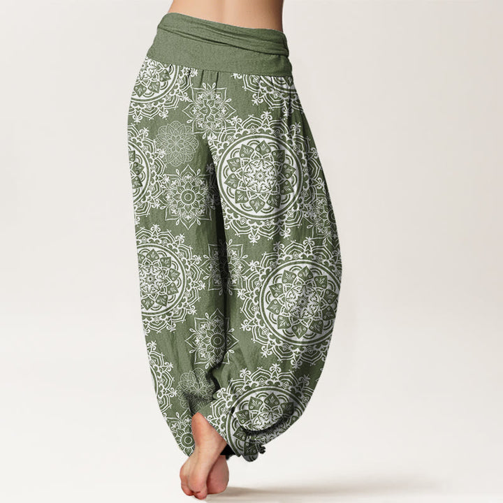 Buddha Stones Casual White Mandala Flower Design Women's Elastic Waist Harem Pants