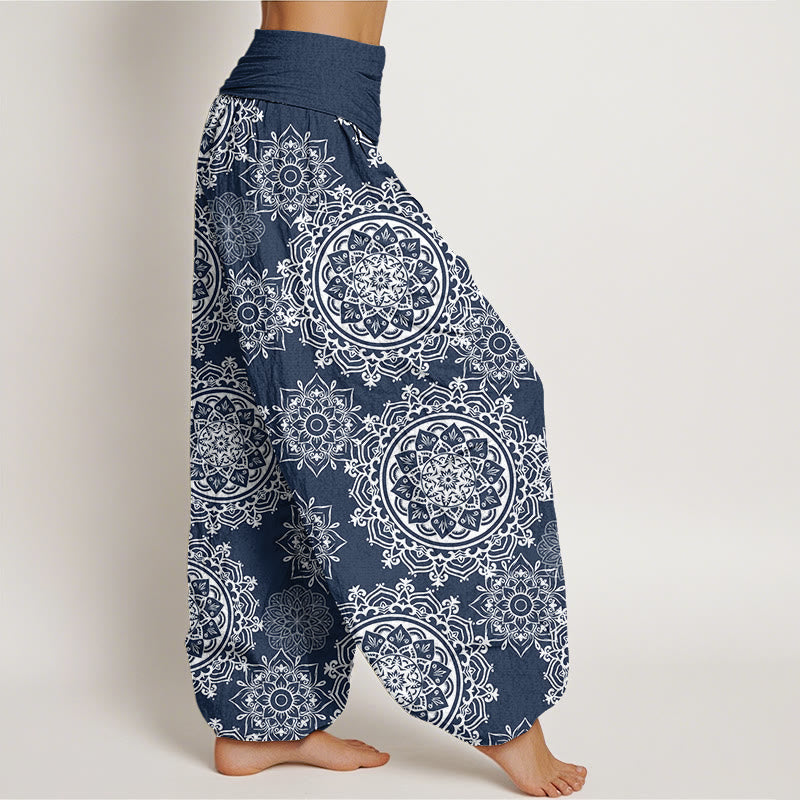 Buddha Stones Casual White Mandala Flower Design Women's Elastic Waist Harem Pants