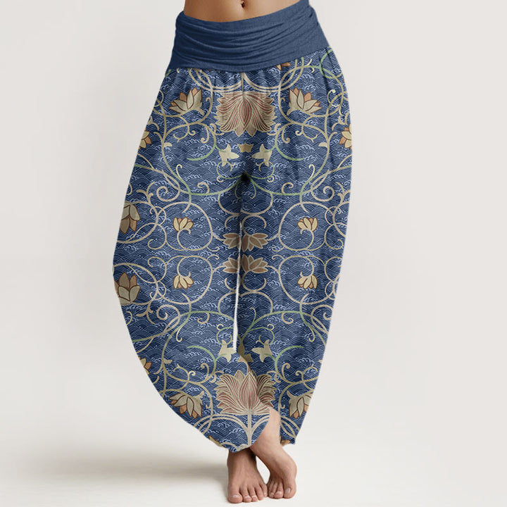 Buddha Stones Lotus Pattern Women's Elastic Waist Harem Pants