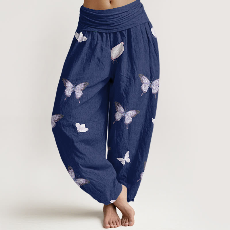 Buddha Stones Butterfly Pattern Women's Elastic Waist Harem Pants