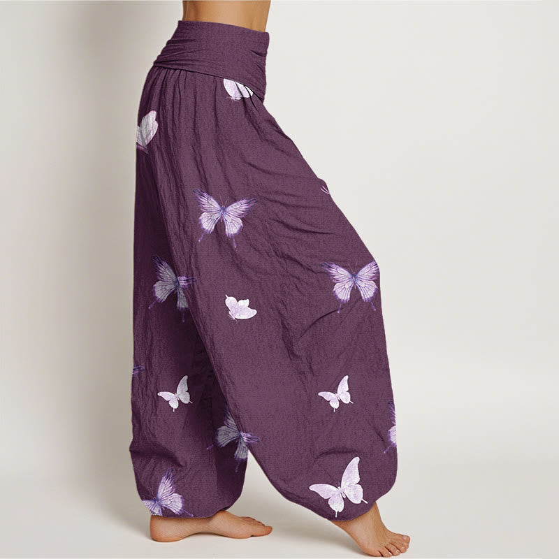 Buddha Stones Butterfly Pattern Women's Elastic Waist Harem Pants