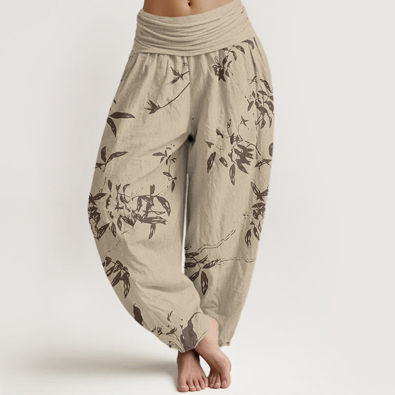 Buddha Stones Cotton Branch Pattern Women's Elastic Waist Harem Pants - Khaki - US22，UK/AU26，EU54 (6XL) - image 0