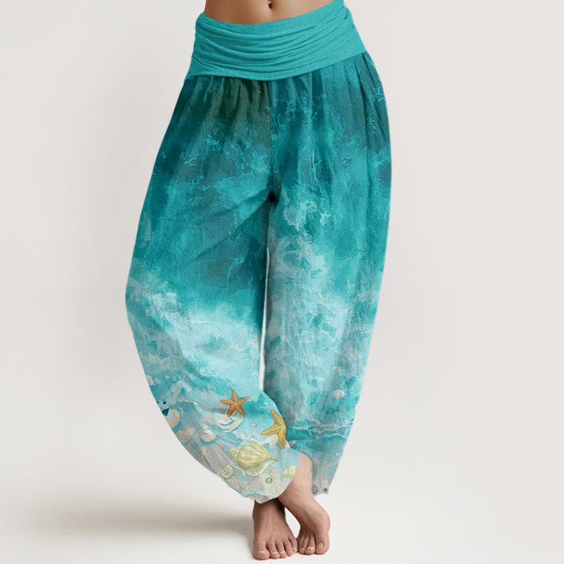 Buddha Stones Vast Ocean Pattern Women's Elastic Waist Harem Pants