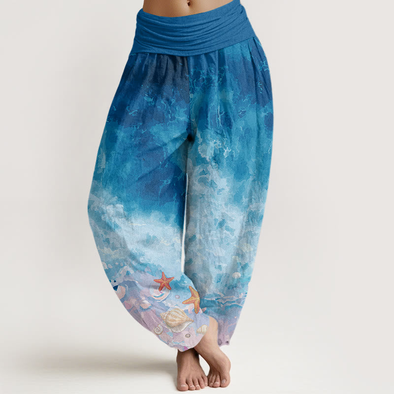 Buddha Stones Vast Ocean Pattern Women's Elastic Waist Harem Pants