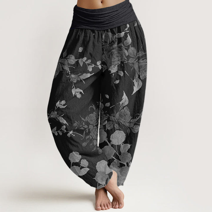 Buddha Stones Blooming Budding Flowers Pattern Women's Elastic Waist Harem Pants