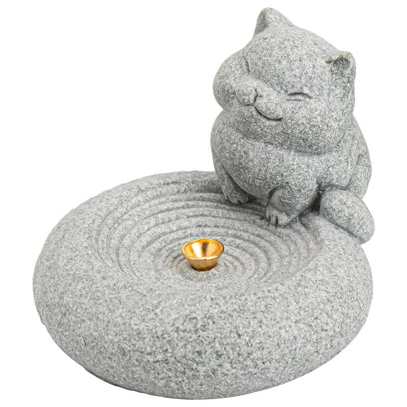 Buddha Stones Cute Lazy Standing Cat Healing Incense Burner Desk Decoration