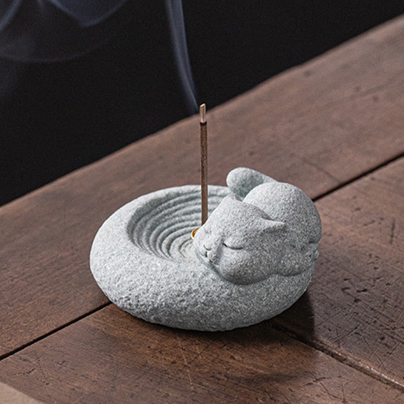 Buddha Stones Cute Lazy Standing Cat Healing Incense Burner Desk Decoration