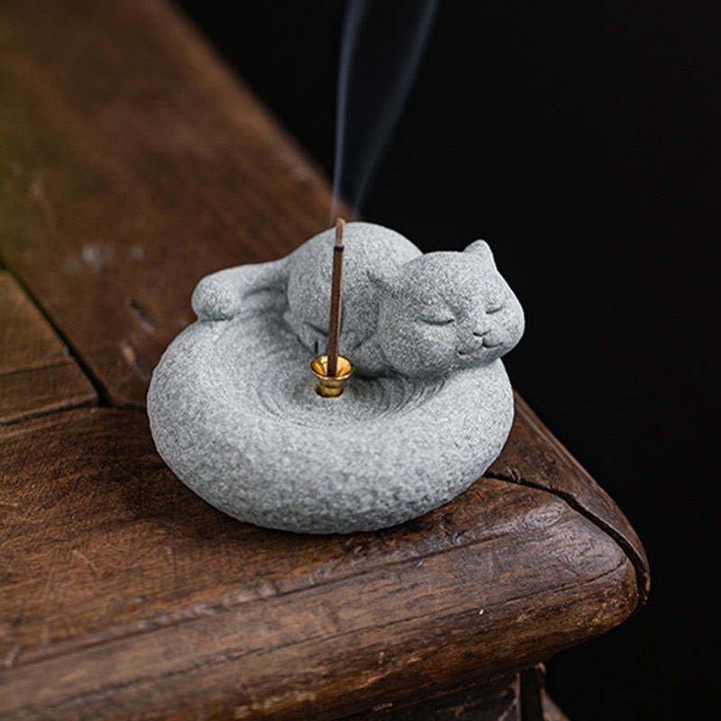 Buddha Stones Cute Lazy Standing Cat Healing Incense Burner Desk Decoration