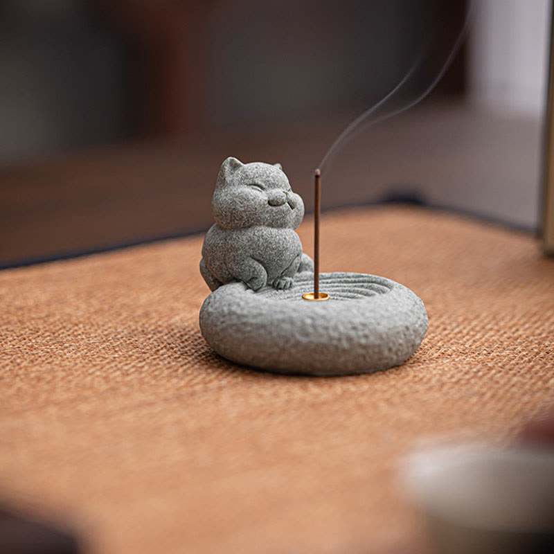 Buddha Stones Cute Lazy Standing Cat Healing Incense Burner Desk Decoration