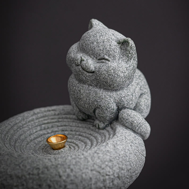 Buddha Stones Cute Lazy Standing Cat Healing Incense Burner Desk Decoration