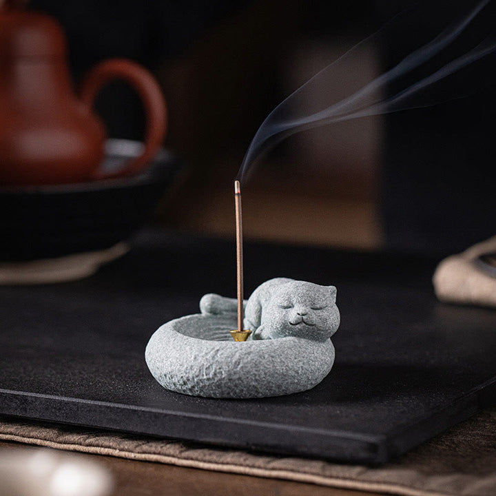 Buddha Stones Cute Lazy Standing Cat Healing Incense Burner Desk Decoration