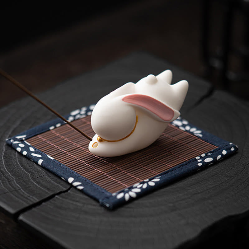 Buddha Stones Flying Rabbit Bamboo Mat Healing Ceramic Incense Burner Desk Decoration