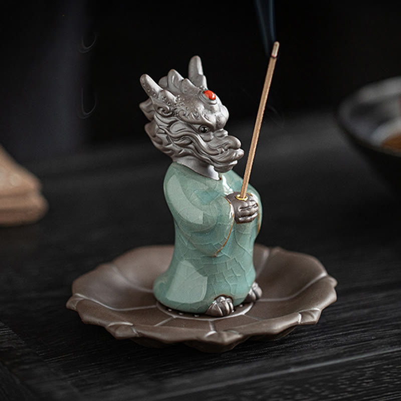 Buddha Stones Praying Dragon King Lotus Base Fu Character Ceramic Healing Incense Burner Desk Decoration