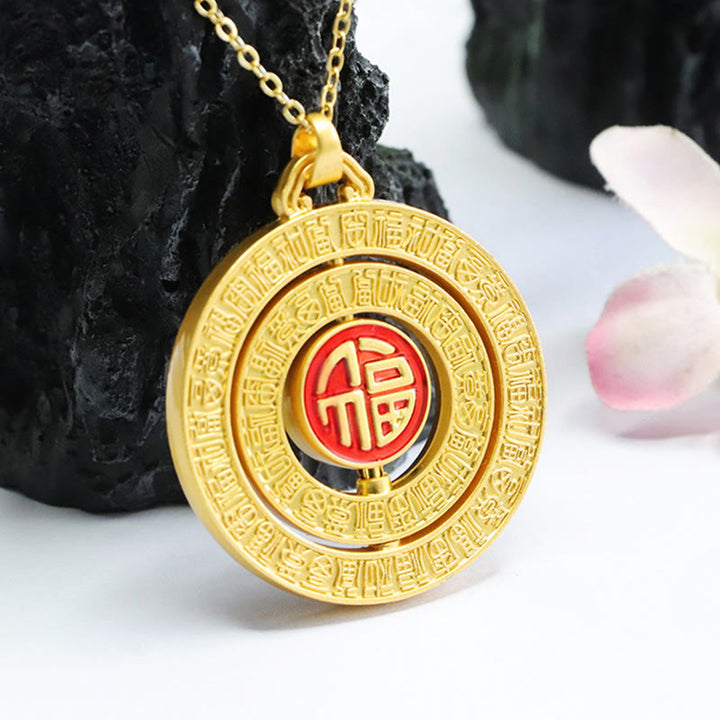 Buddha Stones Hetian Jade Hundred Blessings Fu Character Luck Rotatable Necklace Pendant