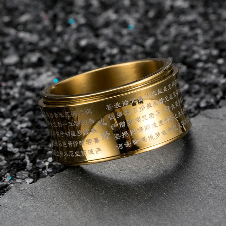 Buddha Stones Tibetan Miniature Scriptures Heart Sutra Titanium Steel Spinner Balance Ring