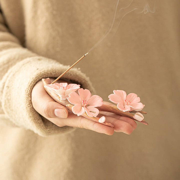 Buddha Stones Blooming Plum Blossom Branches Ceramic Healing Incense Burner Desk Decoration