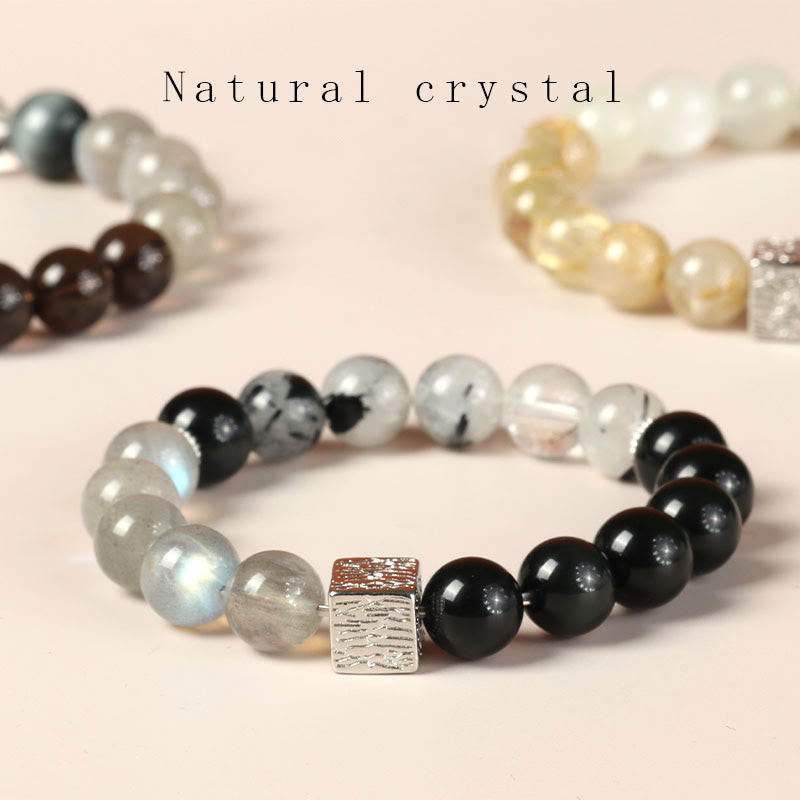 Buddha Stones Black Obsidian Black Rutilated Quartz Moonstone Cube Strength Bracelet