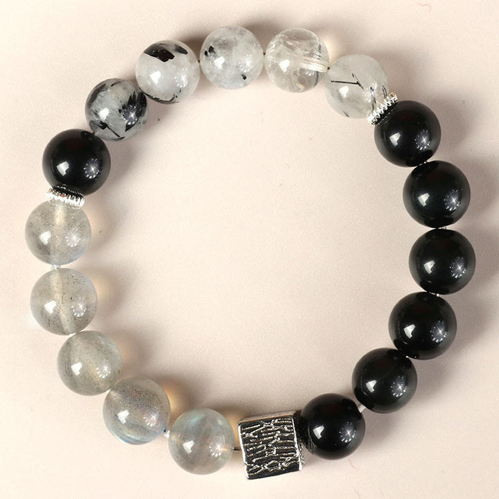 Buddha Stones Black Obsidian Black Rutilated Quartz Moonstone Cube Strength Bracelet