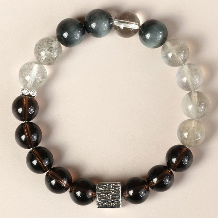 Buddha Stones Black Obsidian Black Rutilated Quartz Moonstone Cube Strength Bracelet