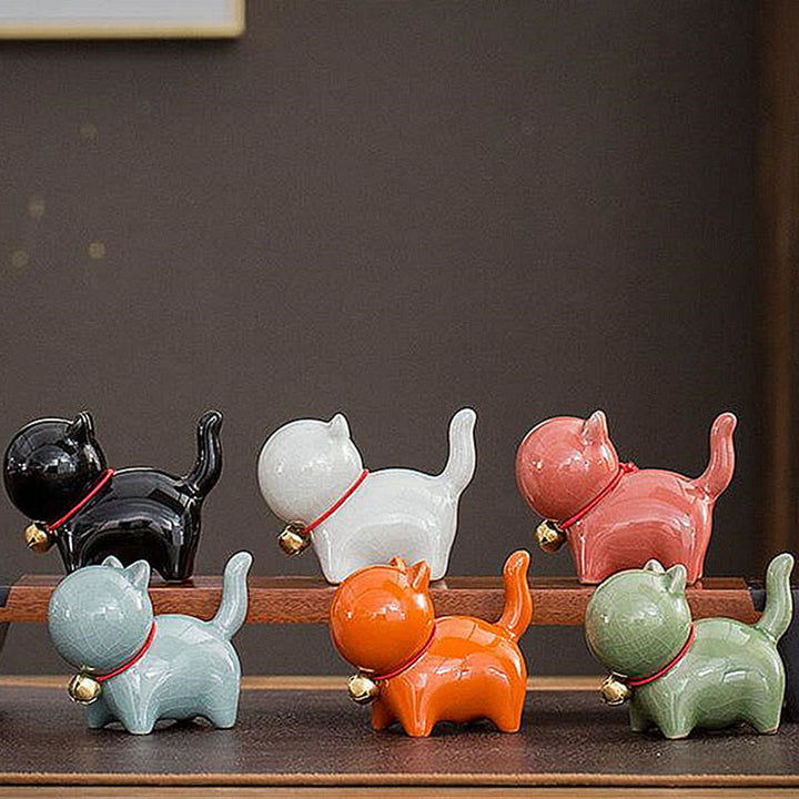 Buddha Stones Mini Cute Lucky Bell Cat Tea Pet Ceramic Home Desk Figurine Decoration