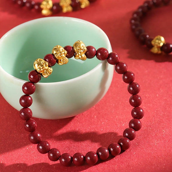 Buddha Stones Cinnabar 999 Sterling Silver Fu Character Coin Gold Ingot Year of the Snake Calm Bracelet