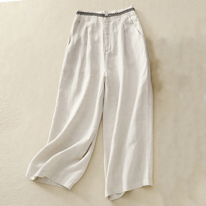 Buddha Stones Solid Color Front Button Back Elastic Cotton Linen Women's Pants With Pockets - Beige - US8-10，UK/AU12-14，EU40-42 (2XL) - image 0