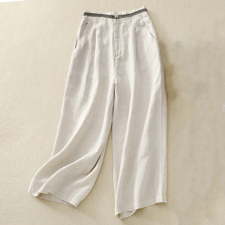 Buddha Stones Solid Color Front Button Back Elastic Cotton Linen Women's Pants With Pockets - Beige - US8-10，UK/AU12-14，EU40-42 (2XL) - image 0