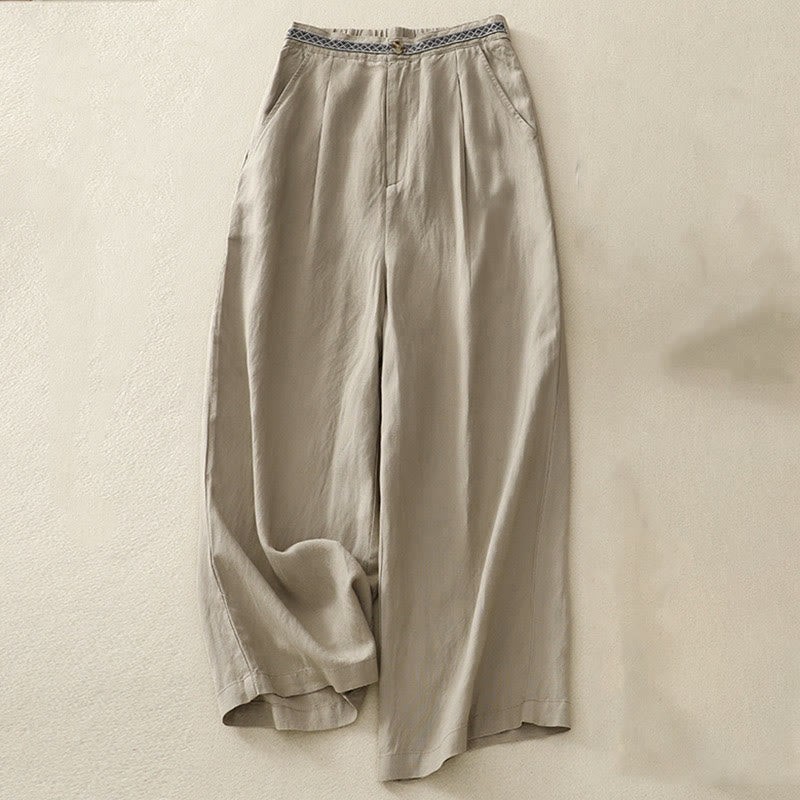 Buddha Stones Solid Color Front Button Back Elastic Cotton Linen Women's Pants With Pockets