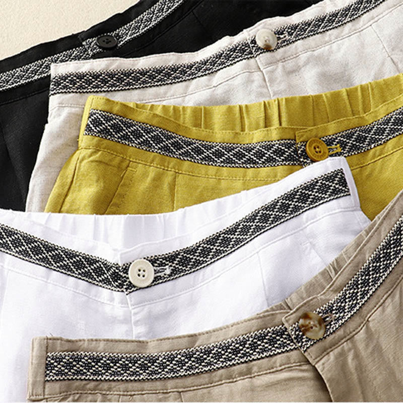 Buddha Stones Solid Color Front Button Back Elastic Cotton Linen Women's Pants With Pockets - image 2