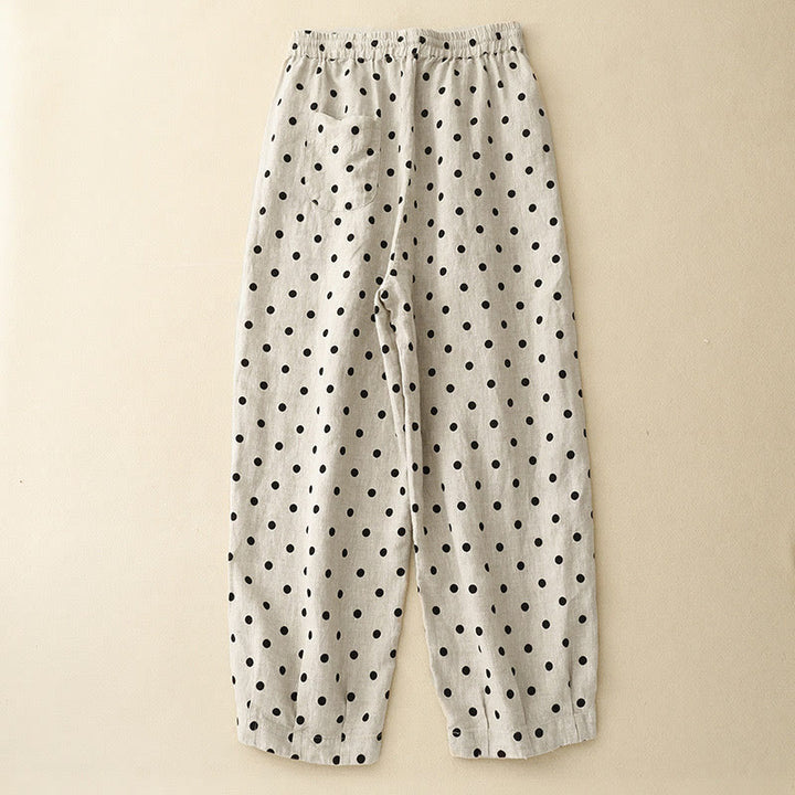 Buddha Stones Casual Black Polka Dots Drawstring Cotton Linen Women's Pants With Pockets