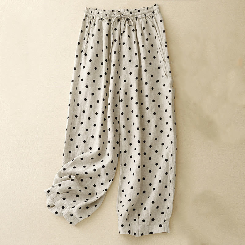 Buddha Stones Casual Black Polka Dots Drawstring Cotton Linen Women's Pants With Pockets - Beige - US8-10，UK/AU12-14，EU40-42 (2XL) - image 0