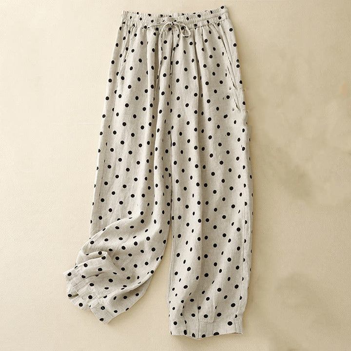 Buddha Stones Casual Black Polka Dots Drawstring Cotton Linen Women's Pants With Pockets - Beige - US8-10，UK/AU12-14，EU40-42 (2XL) - image 0