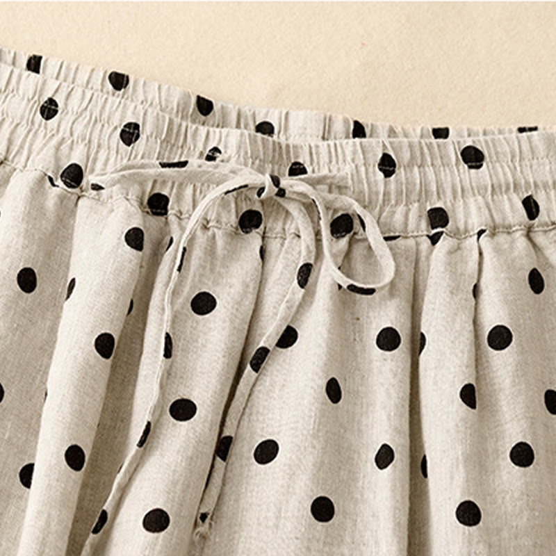 Buddha Stones Casual Black Polka Dots Drawstring Cotton Linen Women's Pants With Pockets